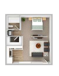 a stylized floor plan of a small apartment with a bedroom and living room